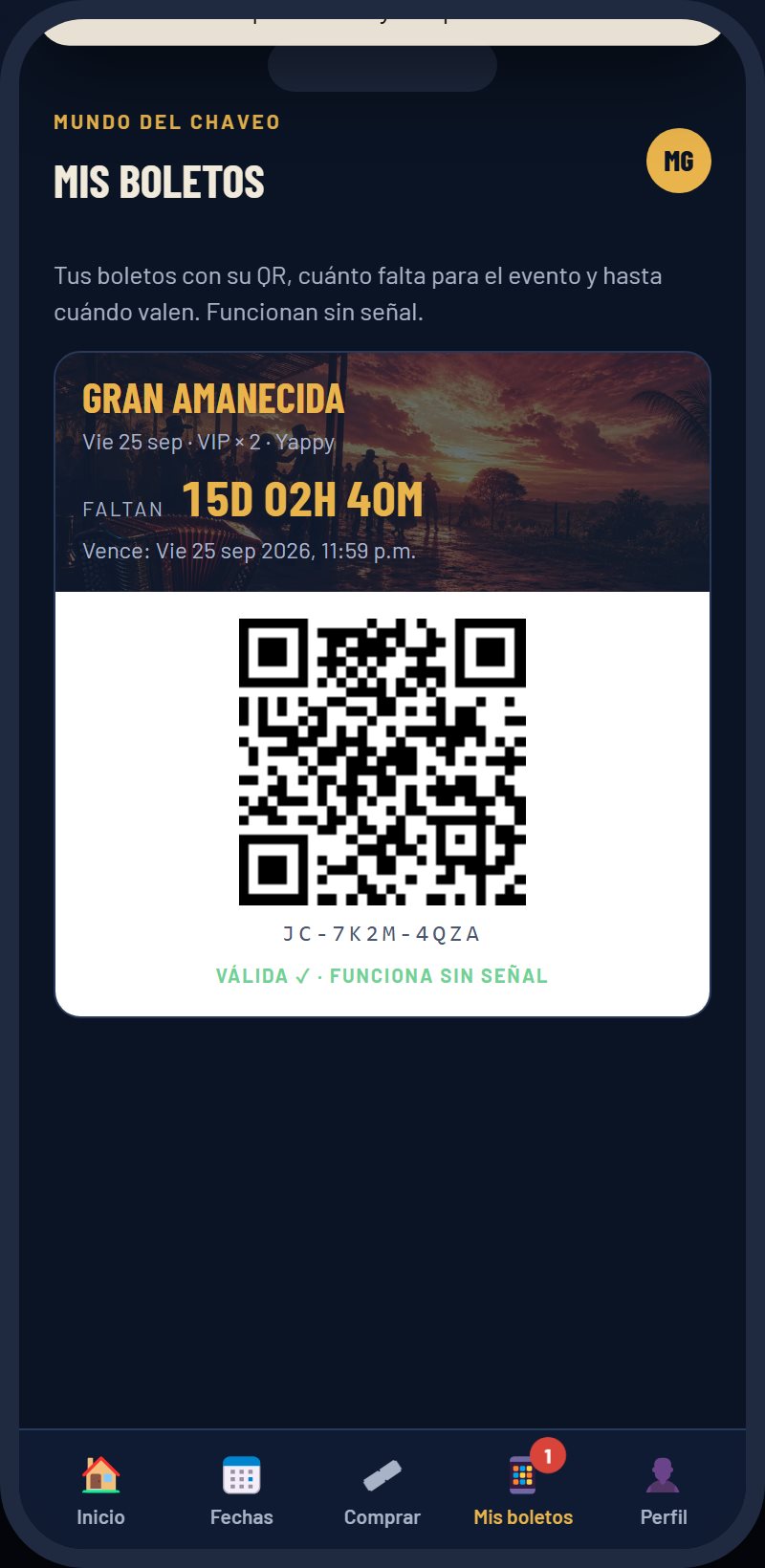 Pantalla Mis boletos con QR