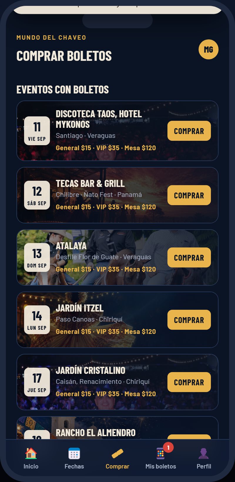 Pantalla de compra de boletos