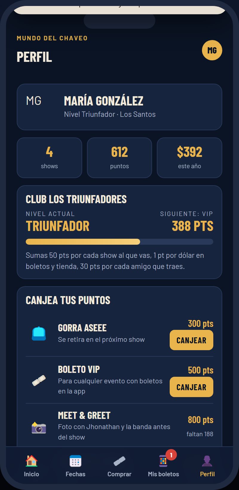 Pantalla de perfil y club